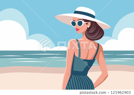Woman in hat and sunglasses on the beach. Summer time, vacation concept. Travel illustration. 125962903