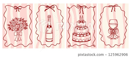 Wedding ceremony invitation cards with champagne bottle, cake and flowers. Hand drawn fancy greeting cards. Sketch. 125962906