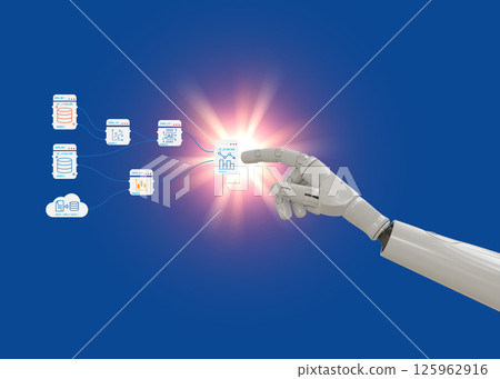 AI Technology Workflow. Optimizing Data Processing and Visualization. robotic hand interacting with analytical modules. capability to transform raw data into actionable insights with efficiency. AI Technology Workflow. Optimizing Data Processing and Visualization. robotic hand interacting with analytical modules. capability to transform raw data into actionable insights with efficiency. 125962916