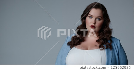 Confident plus size woman posing in stylish outfits with elegance on gray studio background 125962925