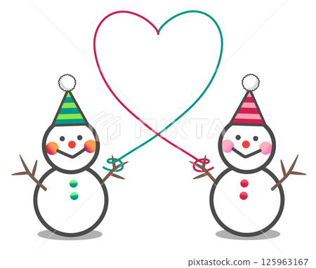 Two different colored snowmen connected by a heart-shaped line 125963167