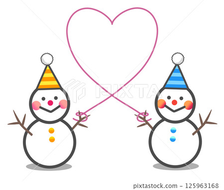 Two different colored snowmen connected by a heart-shaped line Two different colored snowmen connected by a heart-shaped line 125963168