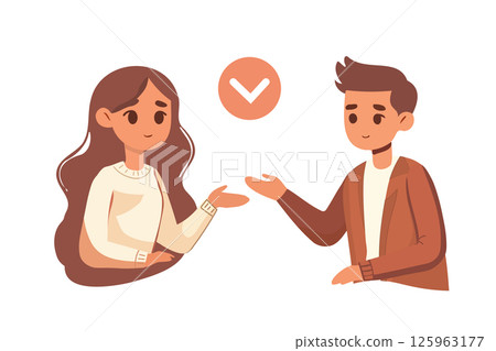 Business agreement concept. Man and woman showing agreement and cooperation, partnership. Cartoon flat vector illustration 125963177
