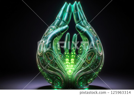 Futuristic Robotic Hands Forming a Sacred Symbol with Glowing Green Energy, Abstract Digital Art Blending Technology, Spirituality, and Light for Modern Sci-Fi or Conceptual Design Projects 125963314