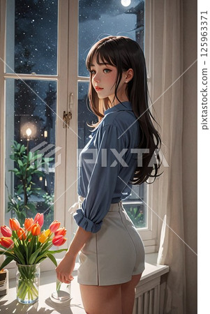 A woman standing by the window A woman standing by the window 125963371