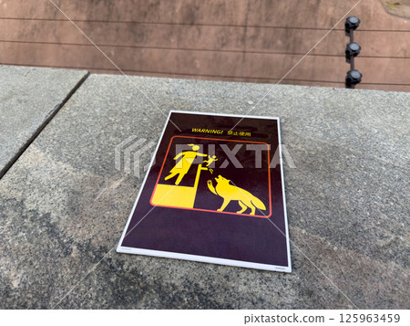 Caution sign with bright yellow pictogram warning about danger of lifting children near wild animals, placed on stone surface in zoo area, serving as visual safety reminder for visitors and families Caution sign with bright yellow pictogram warning about danger of lifting children near wild animals, placed on stone surface in zoo area, serving as visual safety reminder for visitors and families 125963459