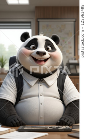 Delighted Panda Character at a Desk 125963498