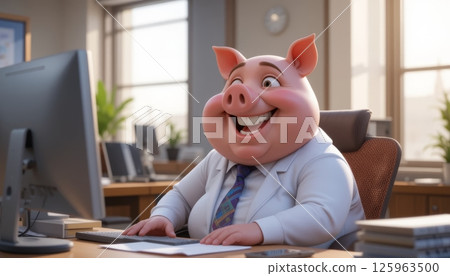 Happy Pig Character at a Computer Desk 125963500