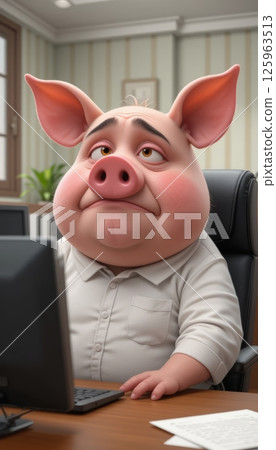 Skeptical Pig Character at a Computer 125963513