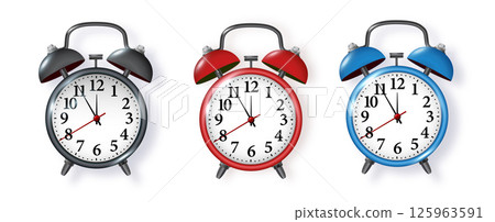 Black alarm clock on white background. Morning, reminder. Vector metal vintage ringing alarm clock on bright white background. Vector 125963591
