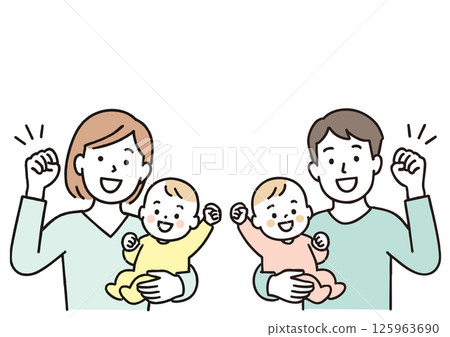 Illustration of a smiling father and mother holding a baby and raising their hands 125963690