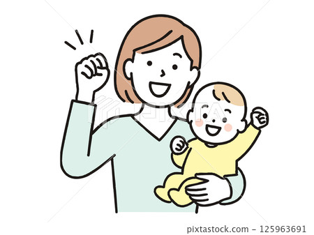 一位年輕的母親微笑著抱著嬰兒揮舞拳頭 125963691