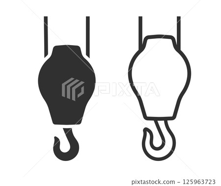 Industrial crane hook icon symbol shape. Lifting hook or hoist hook on chain logo sign. Vector illustration image. Isolated on white background. Industrial crane hook icon symbol shape. Lifting hook or hoist hook on chain logo sign. Vector illustration image. Isolated on white background. 125963723