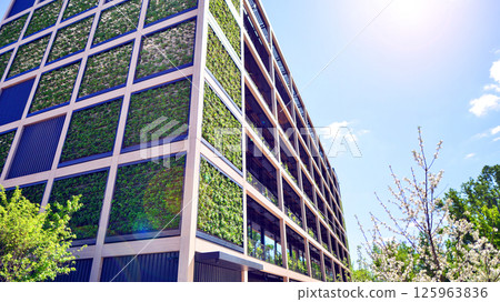 Modern city eco office building with tree. Detail shot of modern architecture facade,business concepts. Environment. Modern building and trees, double exposure. 125963836
