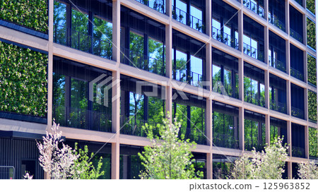 Modern city eco office building with tree. Detail shot of modern architecture facade,business concepts. Environment. Modern building and trees, double exposure. 125963852