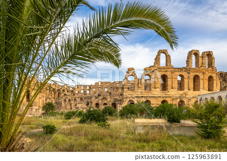 Ancient african Roman Colosseum theatre arena panorama with ruined walls and palms in the foreground, El Jem, Mahdia, Tunis Ancient african Roman Colosseum theatre arena panorama with ruined walls and palms in the foreground, El Jem, Mahdia, Tunis 125963891