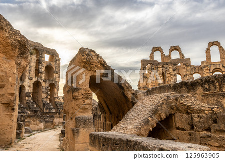 Ancient african Roman Colosseum amphitheatre ruins and columns, El Jem, Mahdia, Tunis 125963905