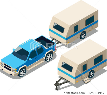 Isometric caravan trailer attached to pickup truck 125963947