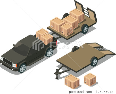 Isometric pickup truck with attached trailer carrying wooden crates Isometric pickup truck with attached trailer carrying wooden crates 125963948