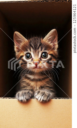 Tiny kitten perched in a cardboard box, bright eyes gazing outward with curiosity, paws delicately gripping the edge, embodying pure charm and playful exploration 125964121