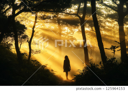 A contemplative illustration of a woman tourist walking through a misty forest at dawn, her silhouette framed by towering trees and bathed in the ethereal glow of soft morning light 125964153