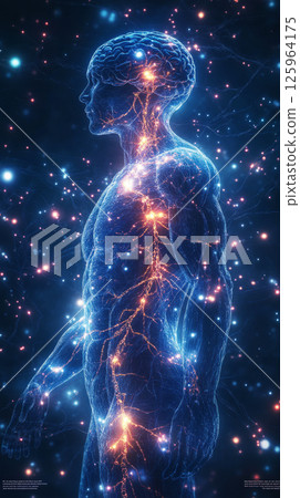 A colorful, complex representation of human neural networks with luminous nodes and organic, fluid lines weaving across, creating a sense of energetic communication and intricate biological structure 125964175