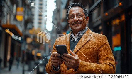 Happy Hispanic business man manager using financial banking mobile apps on cell phone standing in city, generated AI  125964193