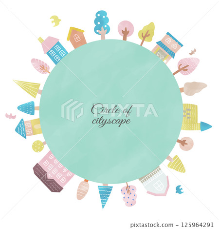 以圓形排列的斯堪的納維亞風格城市景觀插圖。複製並放置在中心。 以圓形排列的斯堪的納維亞風格城市景觀插圖。複製並放置在中心。 125964291