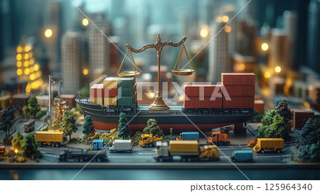 Image of a scale and a cargo ship, symbolizing the balance of trade and logistics Image of a scale and a cargo ship, symbolizing the balance of trade and logistics 125964340