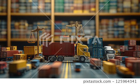 Image of a scale and a truck symbolizing the balance between logistics and law 125964341