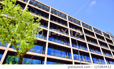 Modern city eco office building with tree. Detail shot of modern architecture facade,business concepts. Environment. Modern building and trees, double exposure. 125964412