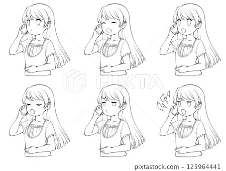 A set of six line drawings of a young woman in summer clothes making a phone call on her smartphone, with various facial expressions 125964441