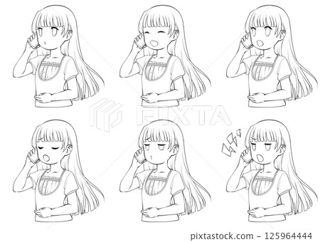一組六幅線條畫,畫中一位身穿夏裝的年輕女子正在用智慧型手機打電話,臉上有各種表情 一組六幅線條畫,畫中一位身穿夏裝的年輕女子正在用智慧型手機打電話,臉上有各種表情 125964444