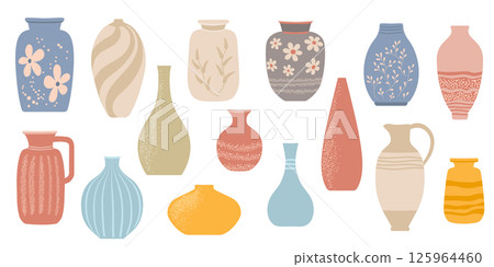 Ceramic vases, jugs, pots and vases, vase pottery for home decoration, minimalistic pottery vases flat vector illustration set. 125964460
