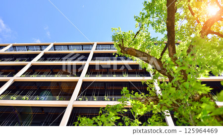 Modern city eco office building with tree. Detail shot of modern architecture facade,business concepts. Environment. Modern building and trees, double exposure. Modern city eco office building with tree. Detail shot of modern architecture facade,business concepts. Environment. Modern building and trees, double exposure. 125964469