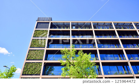 Modern city eco office building with tree. Detail shot of modern architecture facade,business concepts. Environment. Modern building and trees, double exposure. Modern city eco office building with tree. Detail shot of modern architecture facade,business concepts. Environment. Modern building and trees, double exposure. 125964472