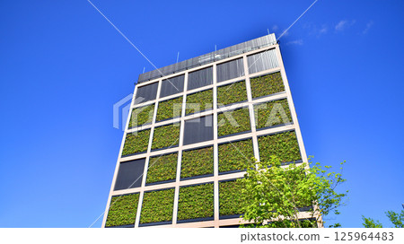 Modern city eco office building with tree. Detail shot of modern architecture facade,business concepts. Environment. Modern building and trees, double exposure. Modern city eco office building with tree. Detail shot of modern architecture facade,business concepts. Environment. Modern building and trees, double exposure. 125964483
