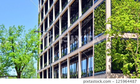 Modern city eco office building with tree. Detail shot of modern architecture facade,business concepts. Environment. Modern building and trees, double exposure. 125964487