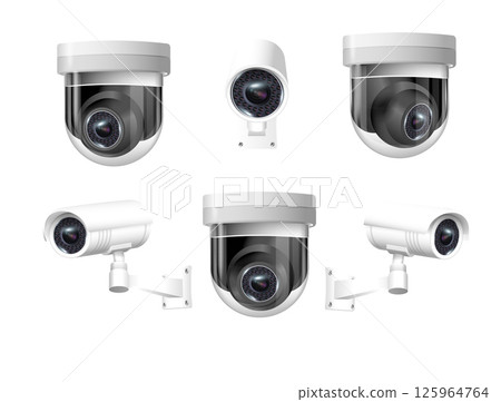 Security cameras on modern building. Professional surveillance camera. Security system, technology concept. Video equipment for safety system area control. Vector 125964764