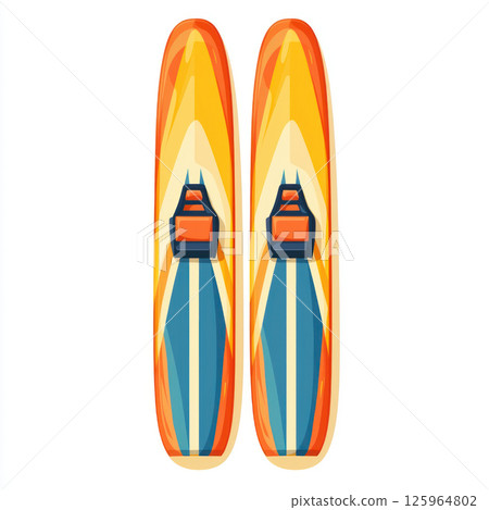 pair of vibrant water skis with orange, yellow, and blue patterns, featuring adjustable bindings, isolated white background 125964802