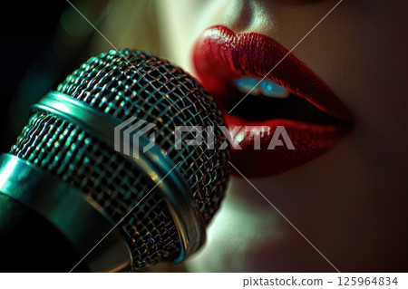Close up of lips speaking into microphone, capturing clear audio and emotion 125964834