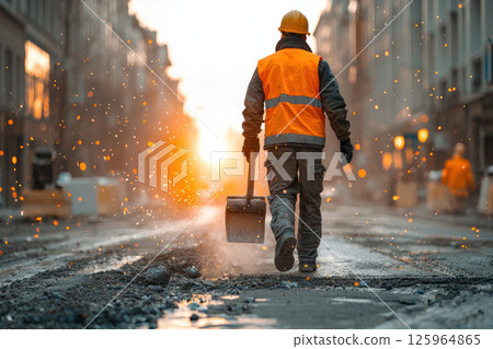 Construction worker in safety vest and hard hat walking on city street with shovel under warm sunlight 125964865