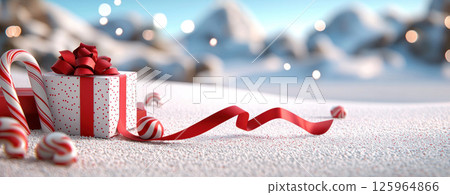 festive gift box with red ribbon and candy canes on snowy ground 125964866