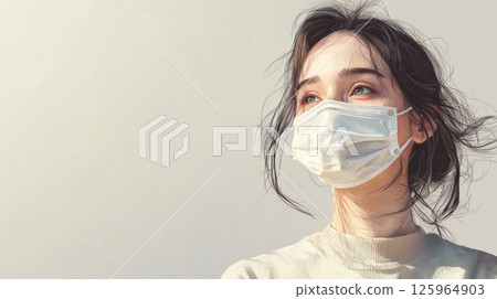 person wearing protective face mask against pollution, calm expression, casual clothing, minimalistic background 125964903