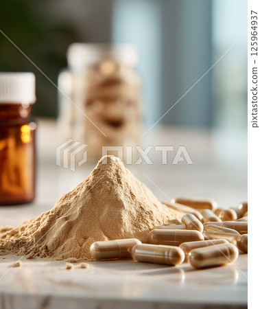Herbal Powder and Capsules on a Table in Bright Room with Natural Light 125964937