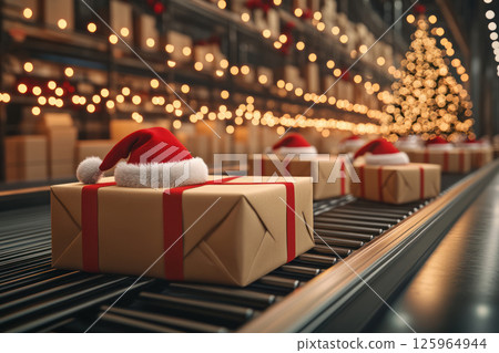 Festive parcels with Santa hats on conveyor belt, glowing lights, and Christmas tree in background 125964944