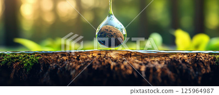 Lush forest scene with water droplet reflecting soil and greenery, creating serene atmosphere. Nature beauty captured in detail 125964987