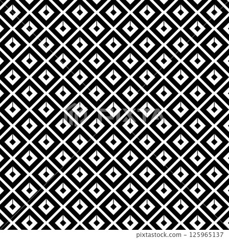 Seamless pattern with striped black white diagonal lines (zigzag, chevron). Rhomboid scales. Optical illusion effect. Geometric tile in op art. Vector illusive background. Futuristic vibrant design. Seamless pattern with striped black white diagonal lines (zigzag, chevron). Rhomboid scales. Optical illusion effect. Geometric tile in op art. Vector illusive background. Futuristic vibrant design. 125965137