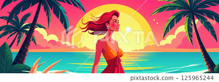 Tropical sunset with woman. 125965244