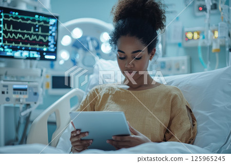patient in hospital bed using tablet, surrounded by medical monitors and equipment in softly lit room 125965245